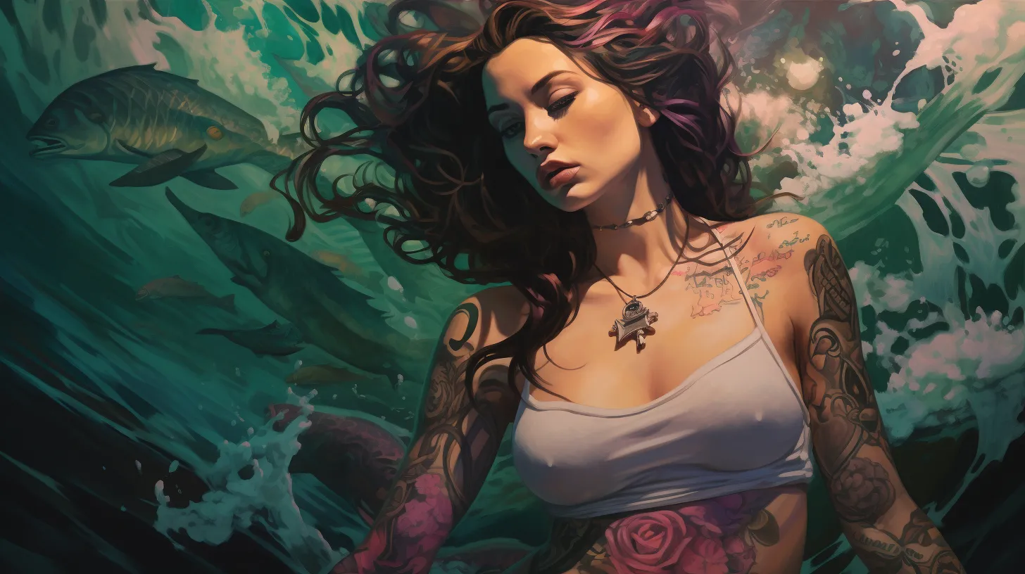 A Taurus woman with tattoos is standing in front of rushing water representing the polarity of Scorpio.