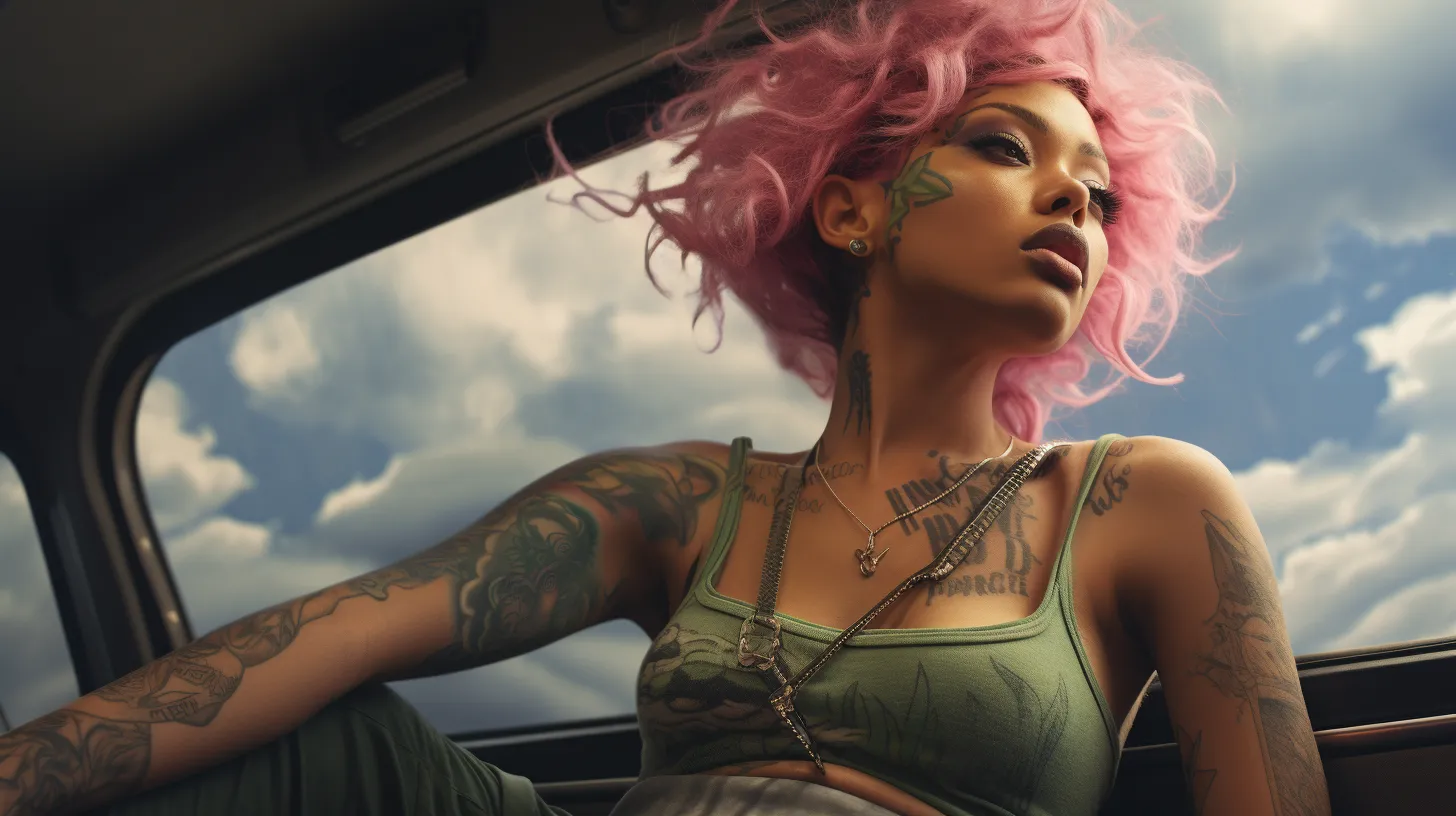A Gemini woman with tattoos and pink hair is traveling in a car somewhere warm and bright representing Sagittarius.