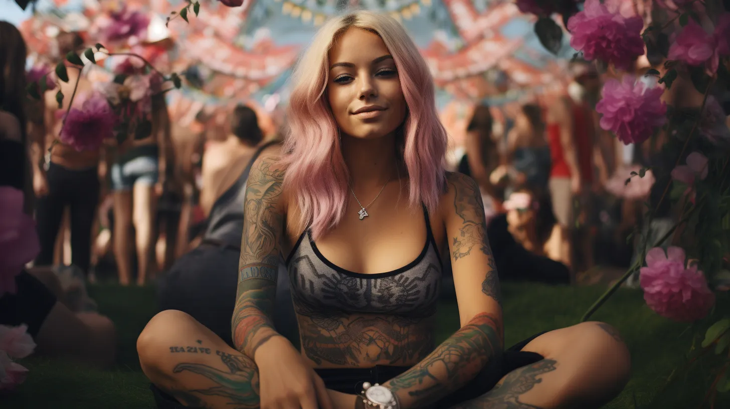 A Leo woman with tattoos is sitting at a peace festival surrounded by pink flowers representing Aquarius.