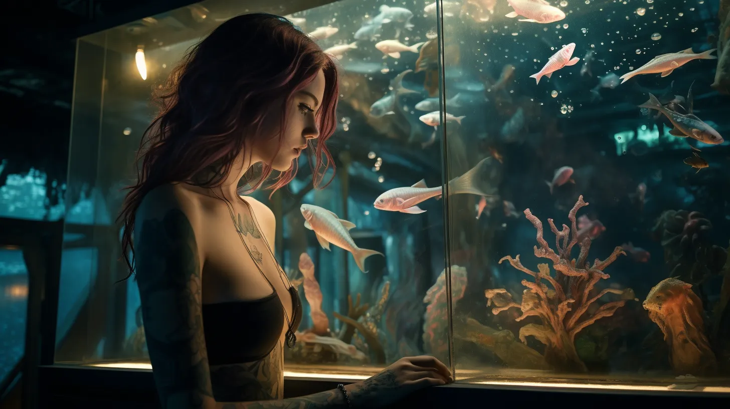 A Virgo woman with tattoos is in an aquarium and deep in thought representing Pisces.