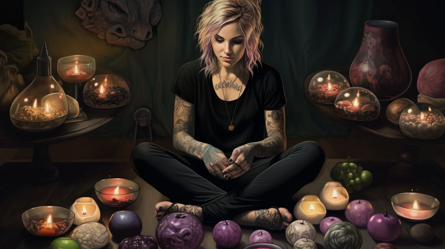 A Scorpio woman with tattoos is in front of a lot of decorations and relaxing in her home representing her polarity Taurus.