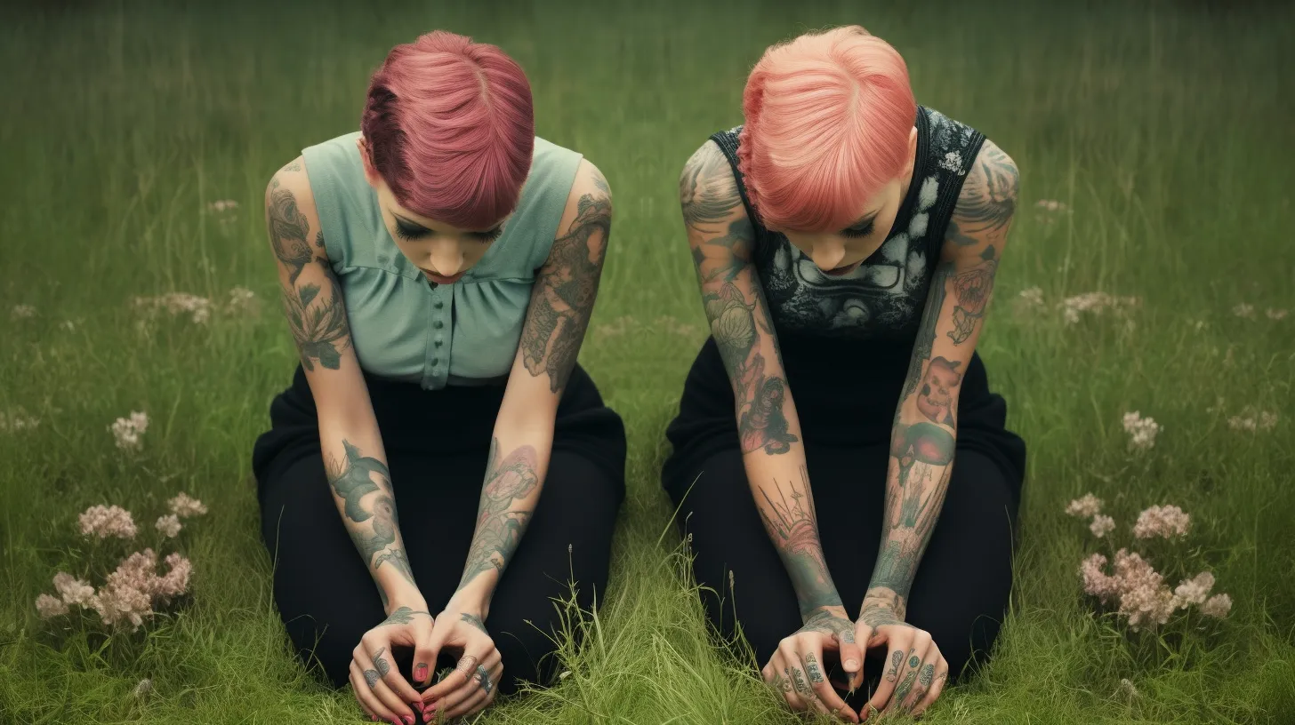 Two Sagittarius woman with tattoos are kneeling in the grass looking at individual blades representing Gemini.