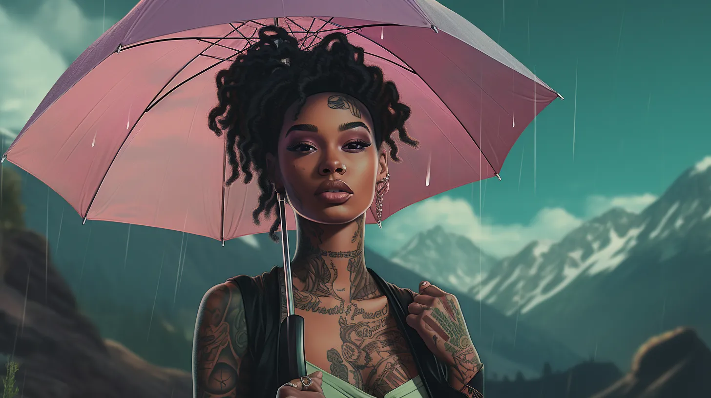 A Capricorn woman with tattoos is holding an umbrella in the rain in front of the mountains representing Cancer.