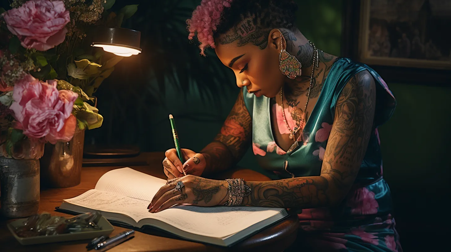 A Pisces woman with tattoos is writing in her own personal journal on a table with flowers representing Virgo.