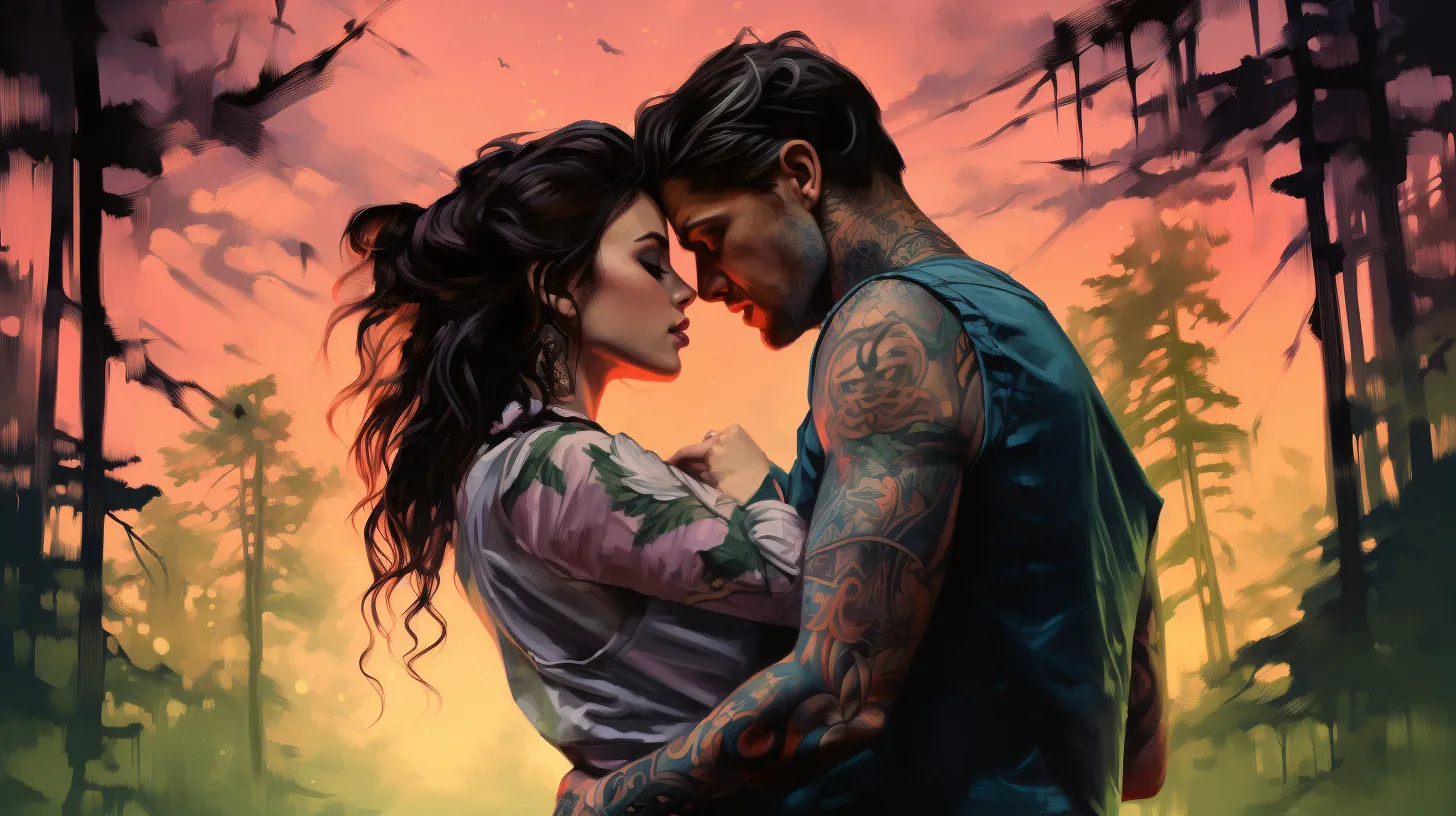An Aries woman with tattoos is holding a man with tattoos and they are in love in a forest at dusk.