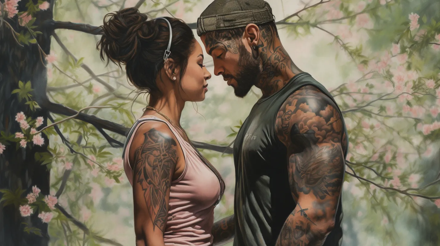 A Taurus woman with tattoos is in love with a man and they are standing in the forest in spring time.