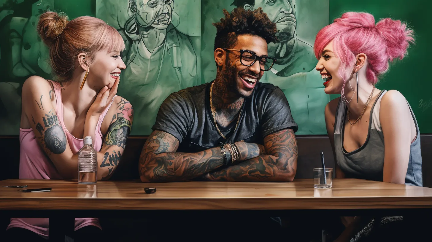 Two Gemini women with tattoos are flirting with a man sitting at a table in a coffee shop.