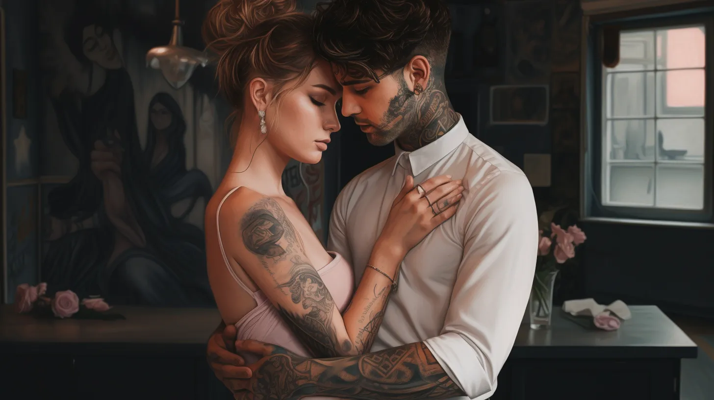 A Libra woman with tattoos is in love and getting married to a man in a white shirt.