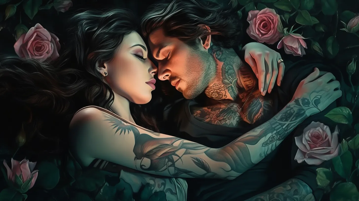 A Scorpio woman with tattoos is holding onto a man she loves and is surrounded by flowers.