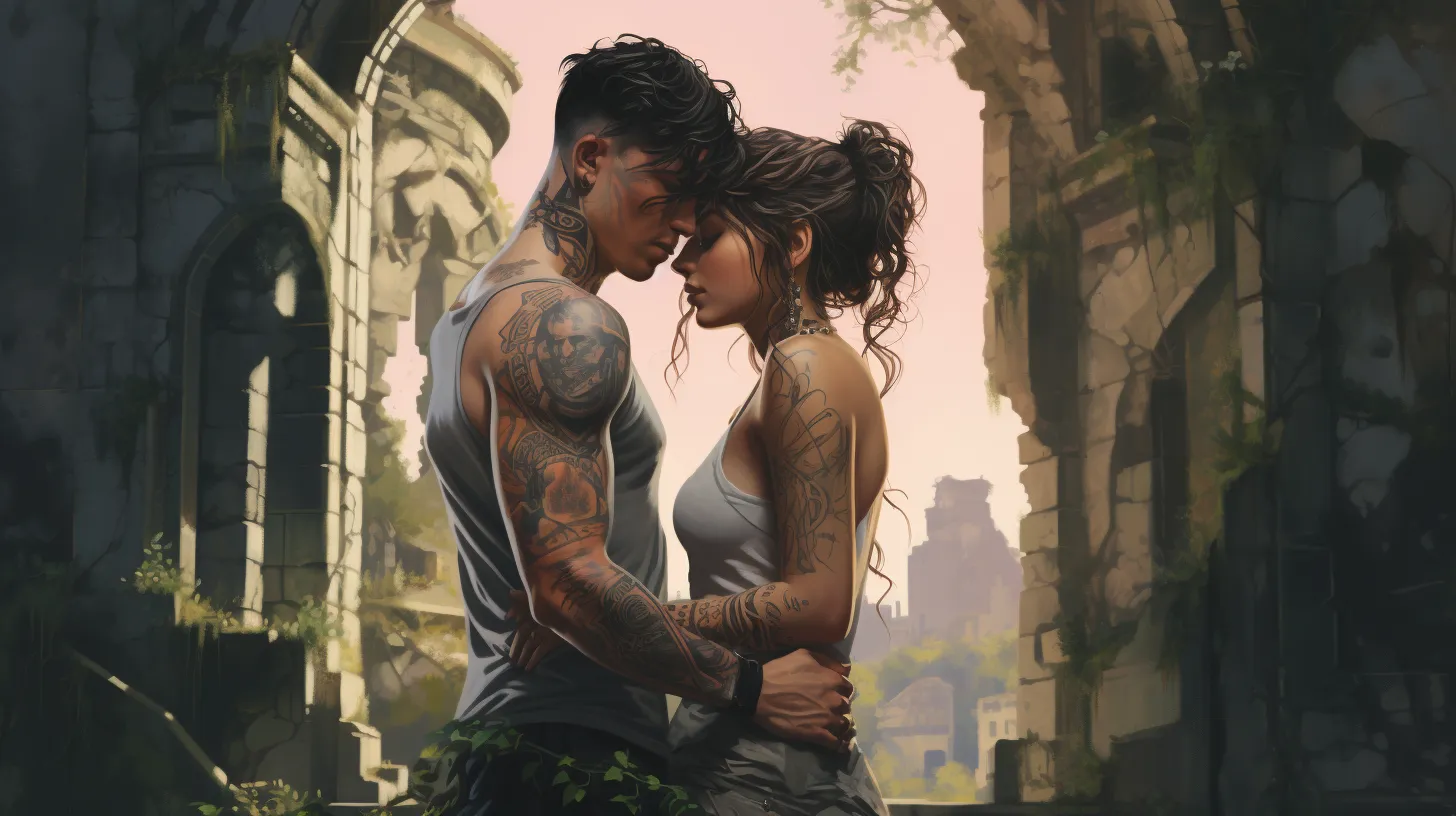 A Sagittarius woman with tattoos is falling in love with a man as they are exploring ancient ruins.