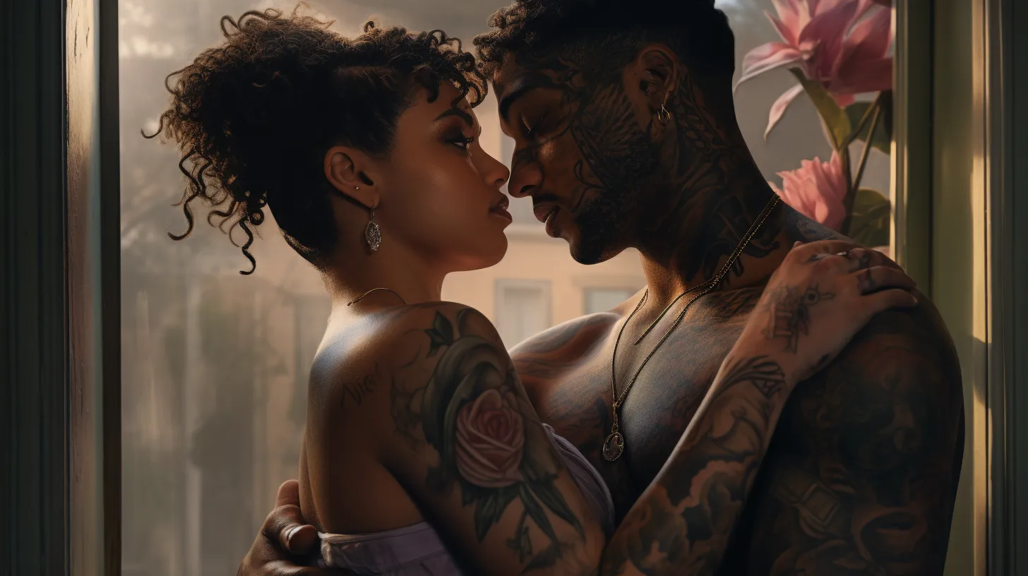 An Aquarius woman with tattoos is falling in love with a man in front of a window and flowers.
