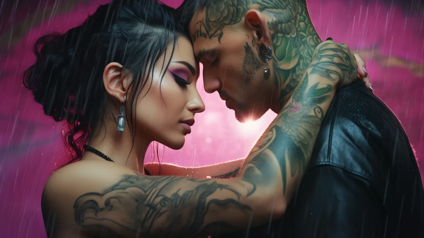 A Pisces woman with tattoos is falling in love with a man in the rain with pink lights behind them.