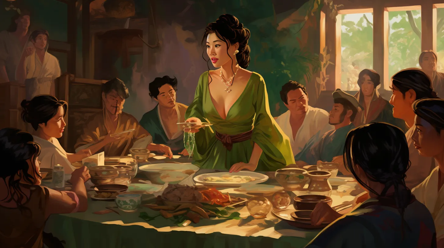 A Taurus woman with tattoos is standing in a green dress at a large table surrounded by family.