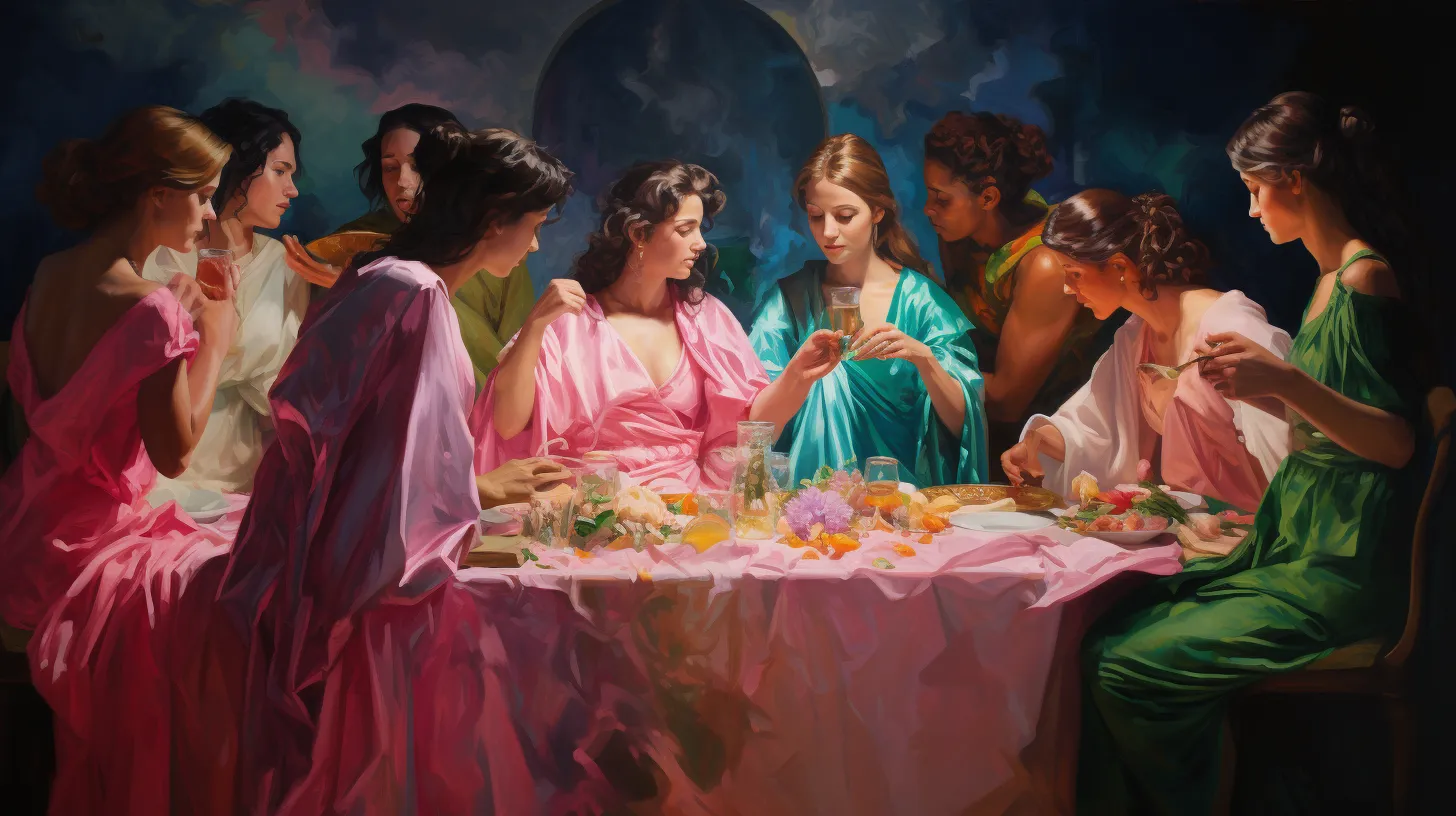 Two Gemini women are wearing silky dresses and sitting at the table with other women from their family.
