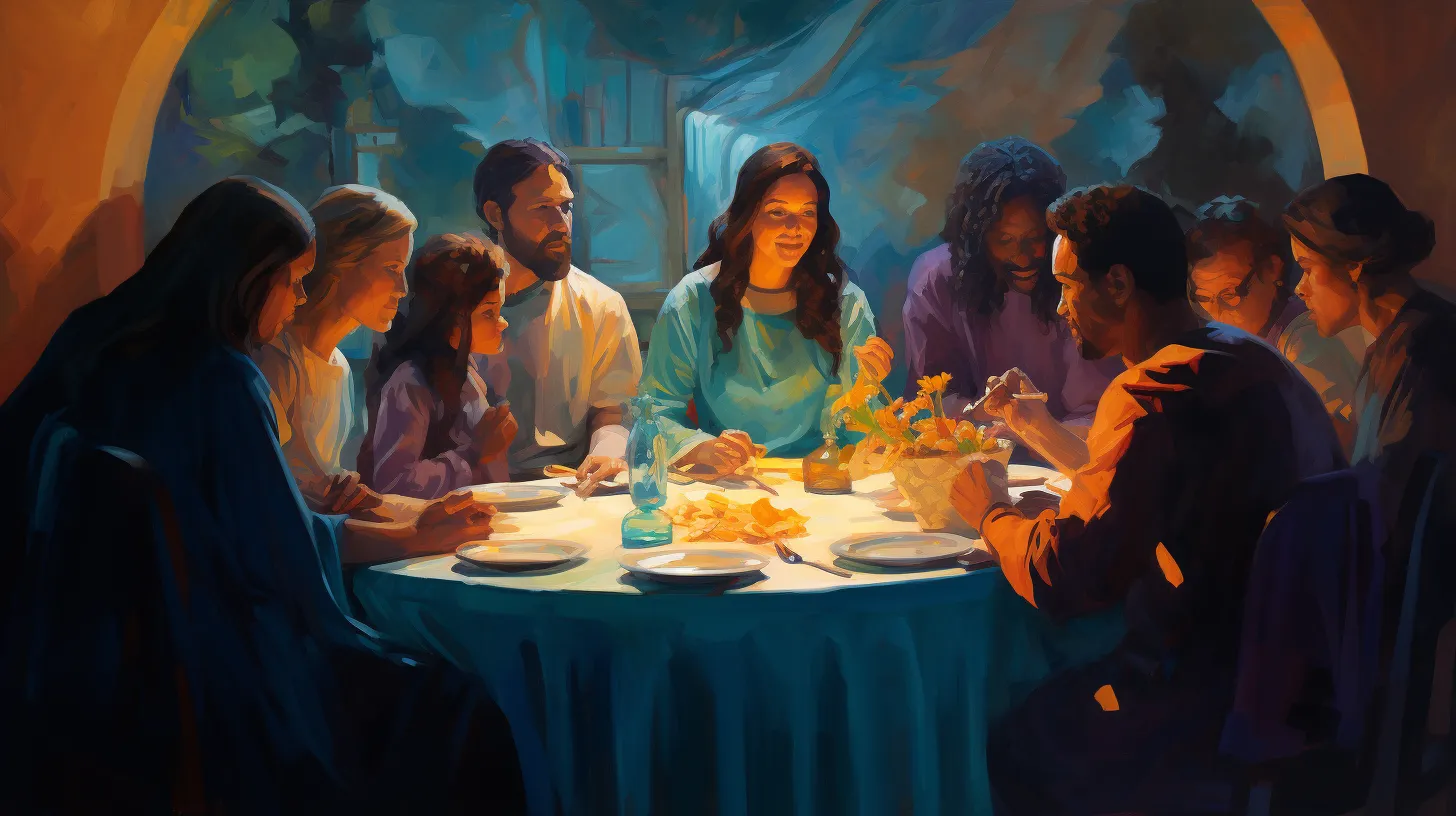 A Cancer women in a blue dress is sitting at a table with her family.