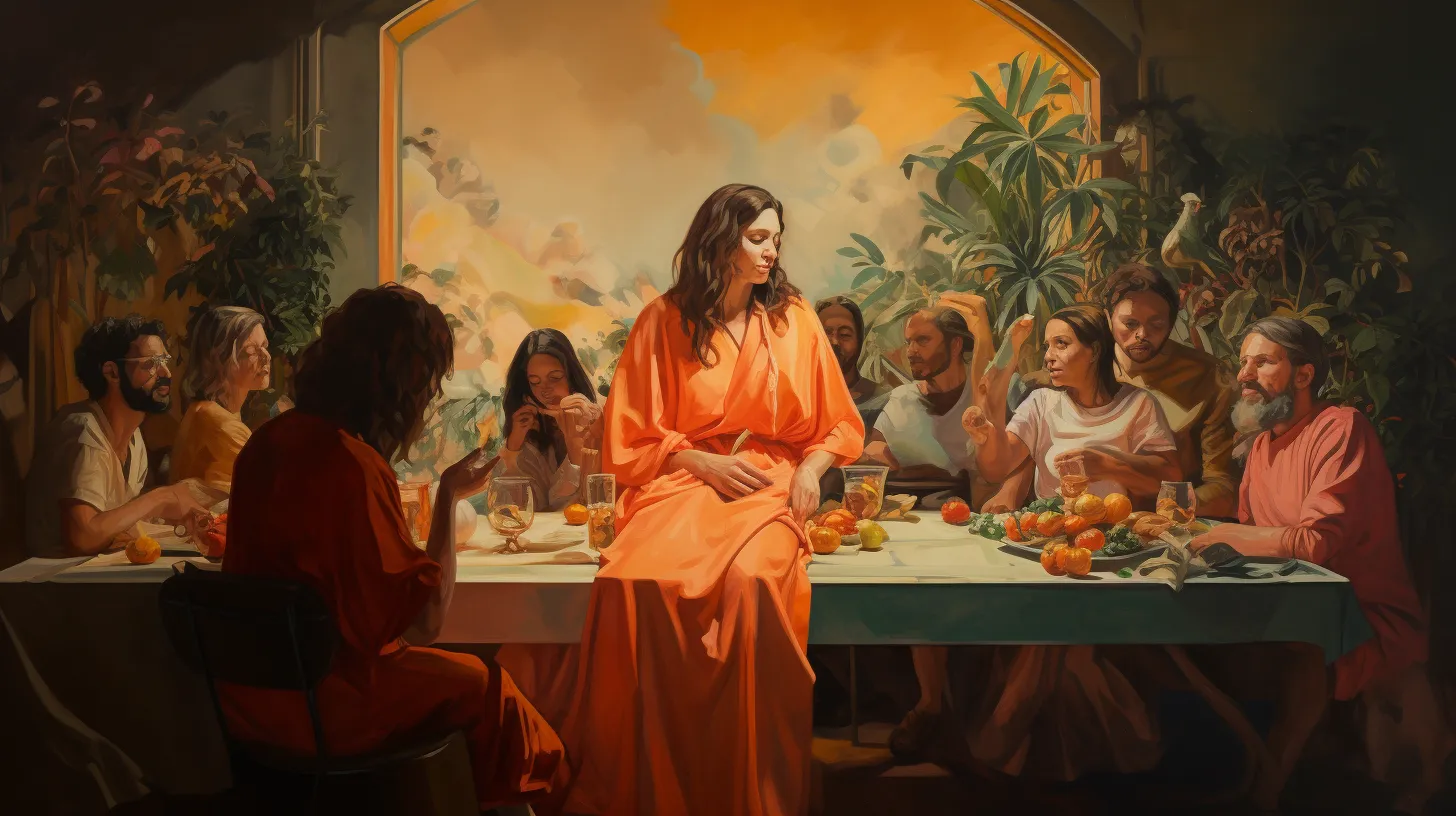 A Leo woman in an orange dress is sitting on a table surrounded by her family.