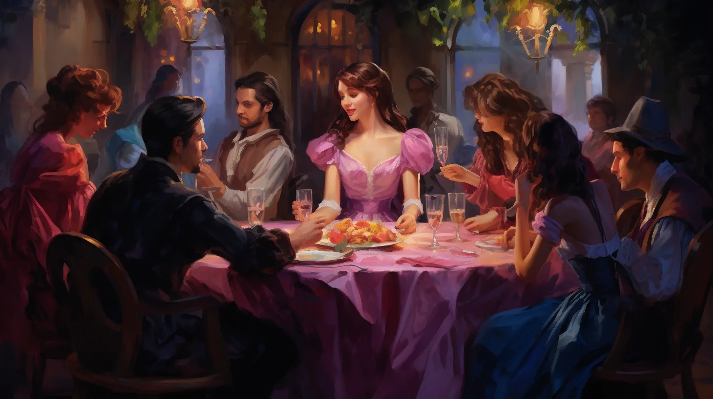 A Virgo woman in a purple dress is sitting at a table and surrounded by her family.
