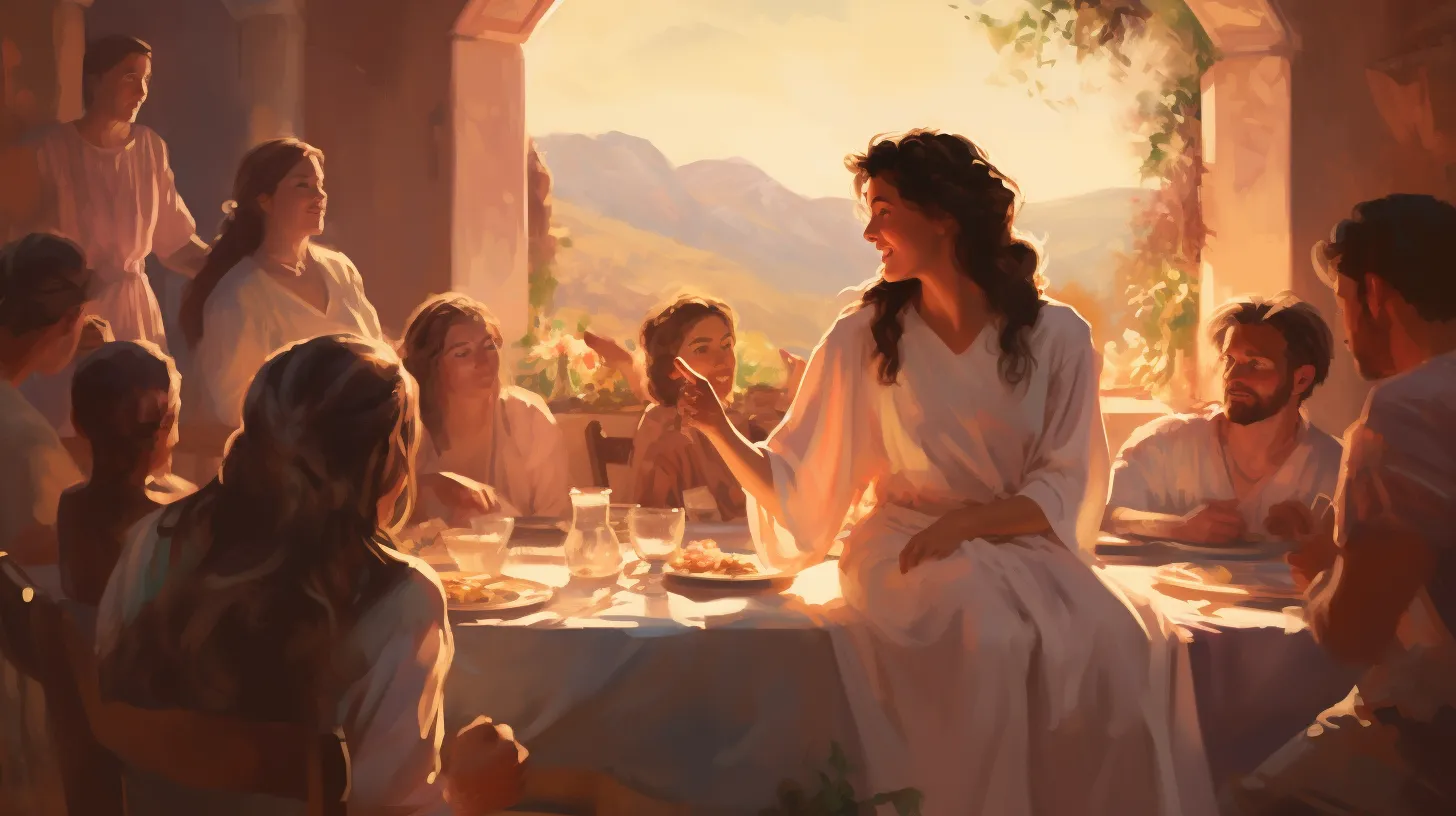 A Libra woman with tattoos is sitting on her table in a white dress surrounded by her family.