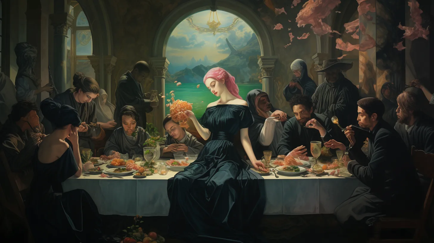 A Scorpio woman in a black dress is sitting at a table surrounded by her family.