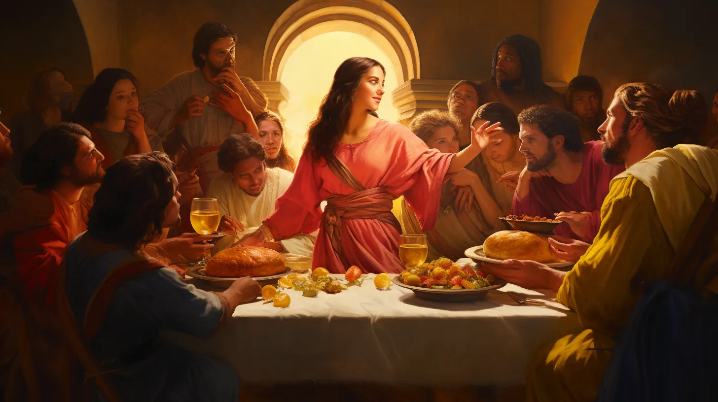 A Sagittarius woman in a red dress is at the table surrounded by her family members.