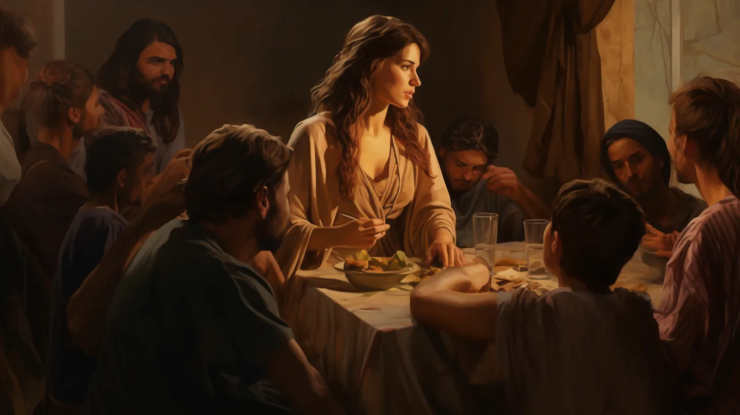 A Capricorn woman with in a brown dress is sitting a table surrounded by her family.
