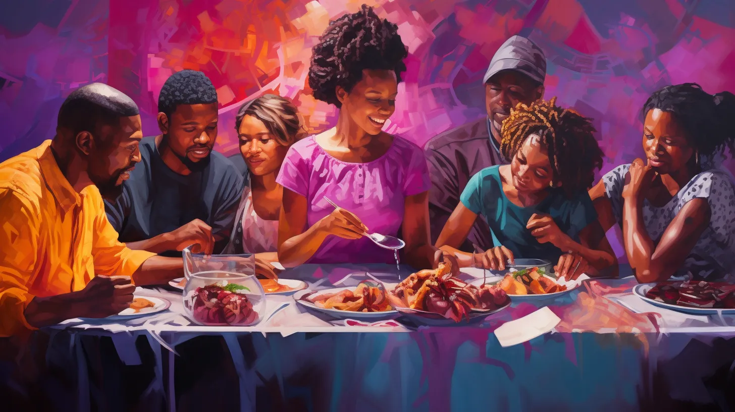 An Aquarius woman in a purple dress is at the table with her family enjoying a meal.