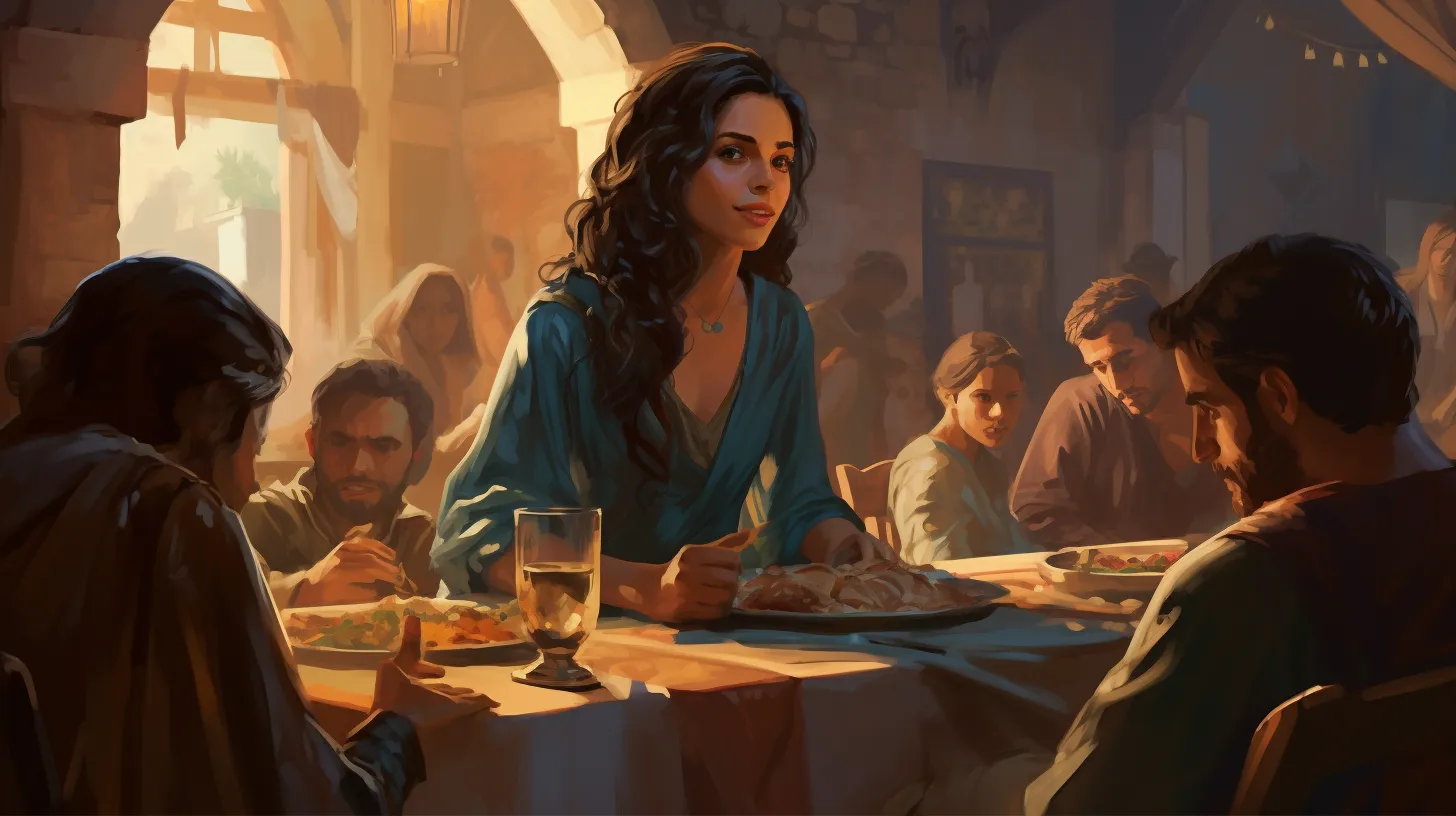 A Pisces woman in a blue dress is at a table surrounded by her family.