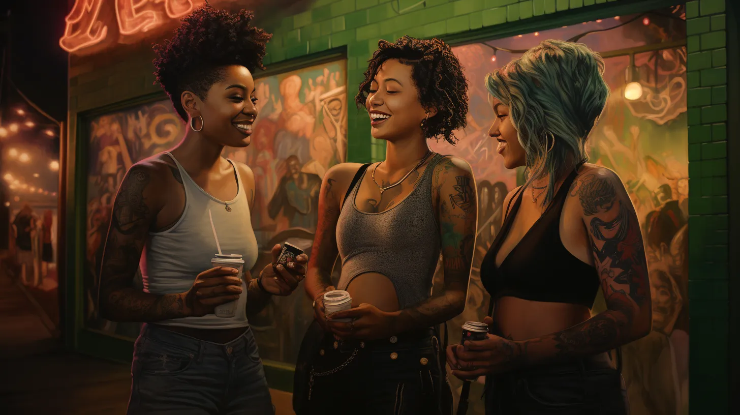 An Aries woman with tattoos is hanging out with friends downtown at night time and enjoying some drinks.