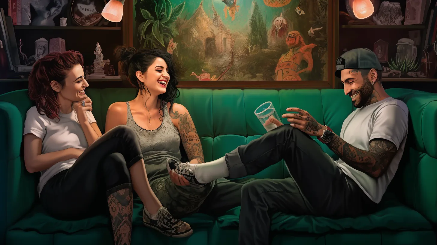 A Taurus woman with tattoos is sitting on a green couch with friends and laughing in a comfy environment.