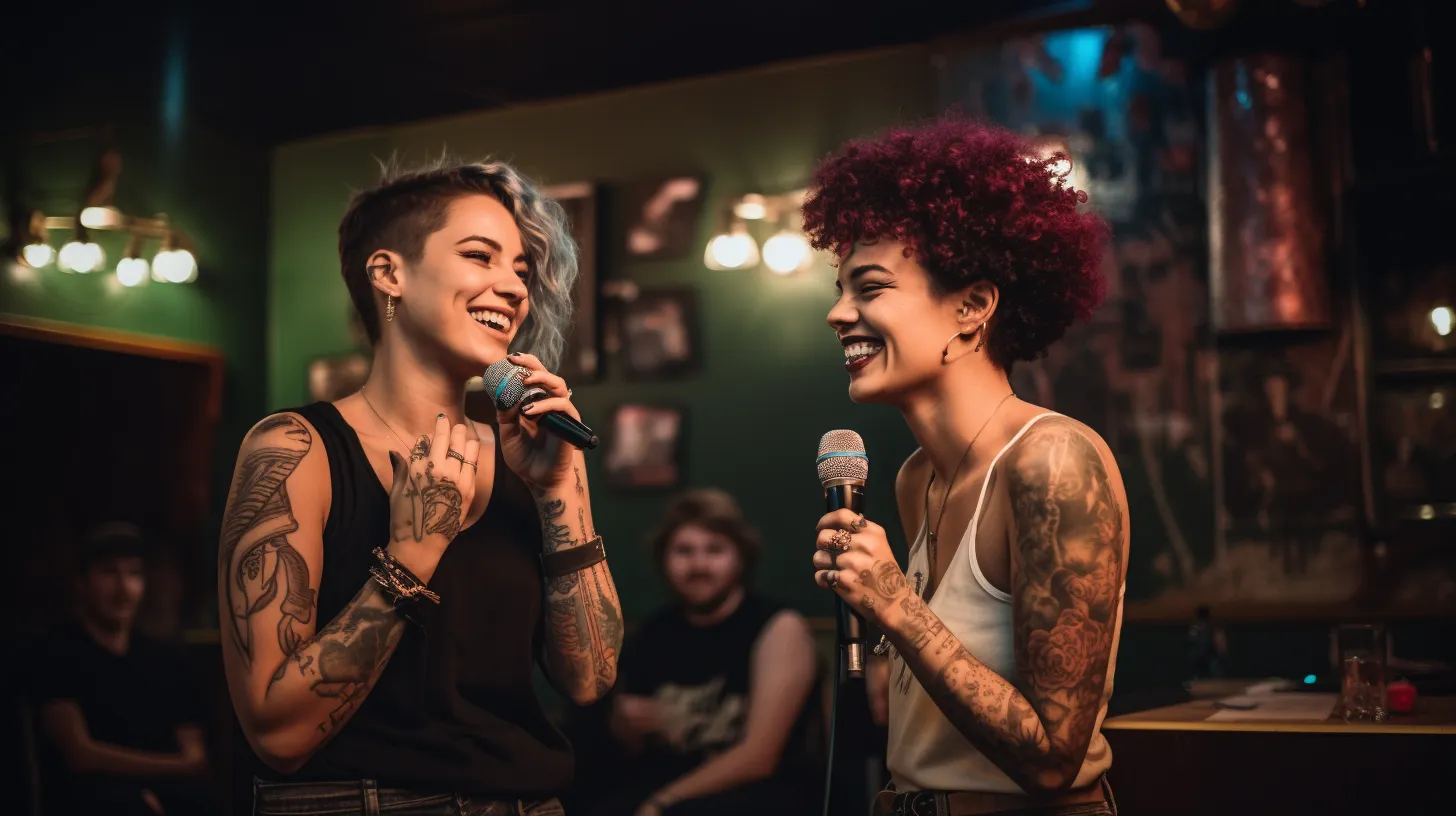 Two Gemini women with tattoos are doing stand up comedy and surrounded by friends.