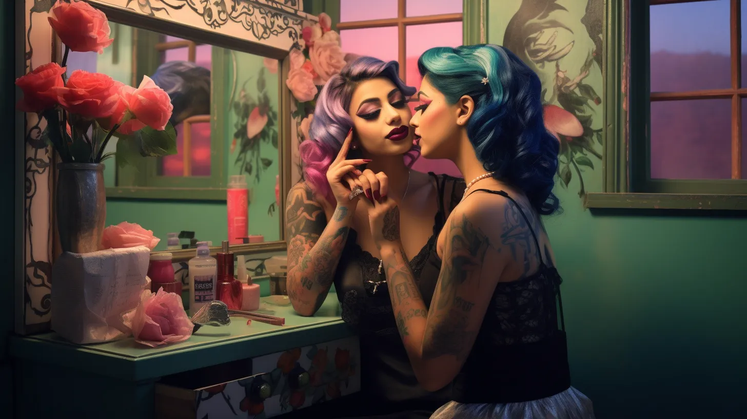 A Cancer women with tattoos is putting on makeup in front of a mirror with her friend who is helping.