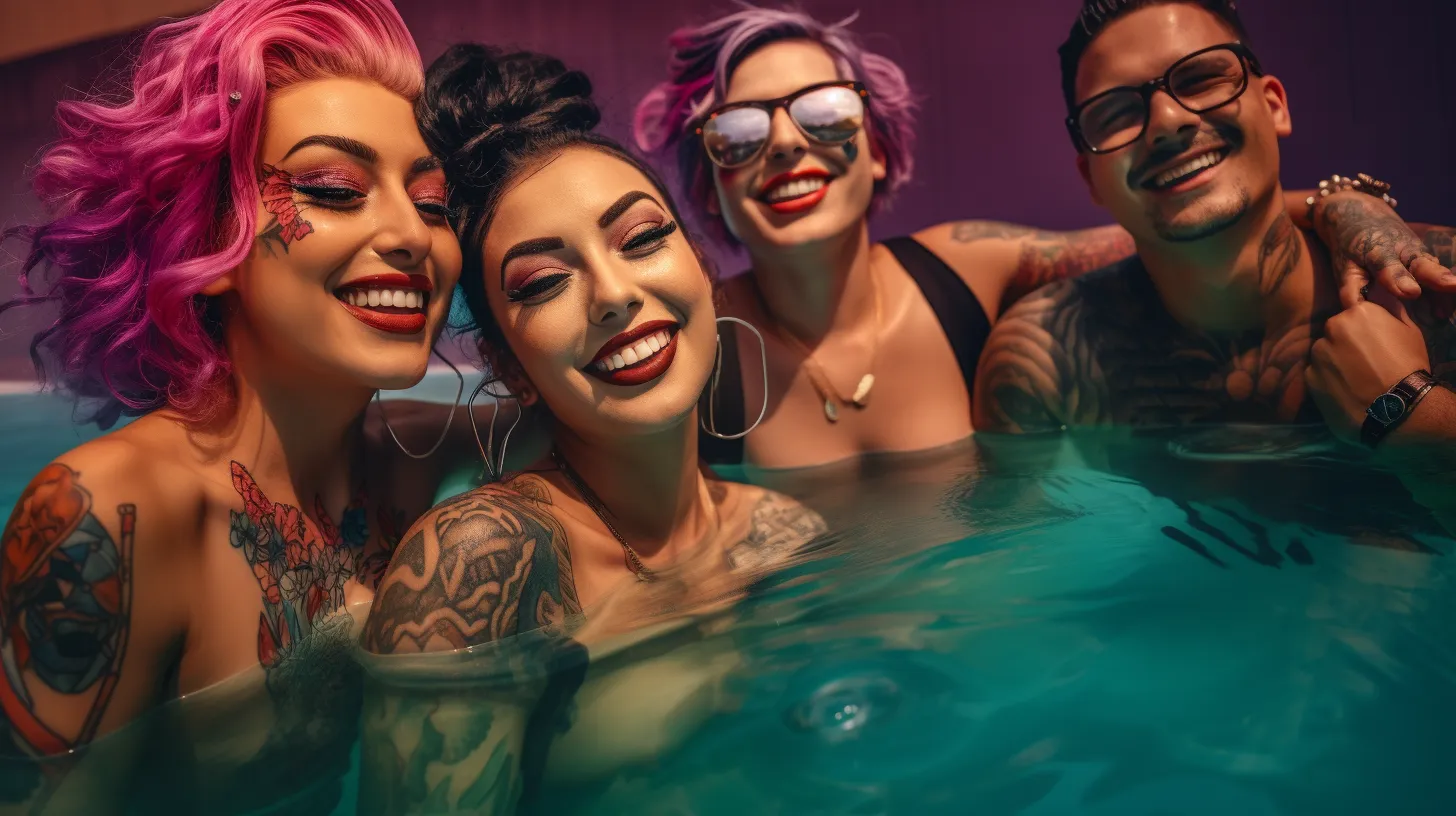A Leo woman with tattoos is in a hot tub having fun with her friends.