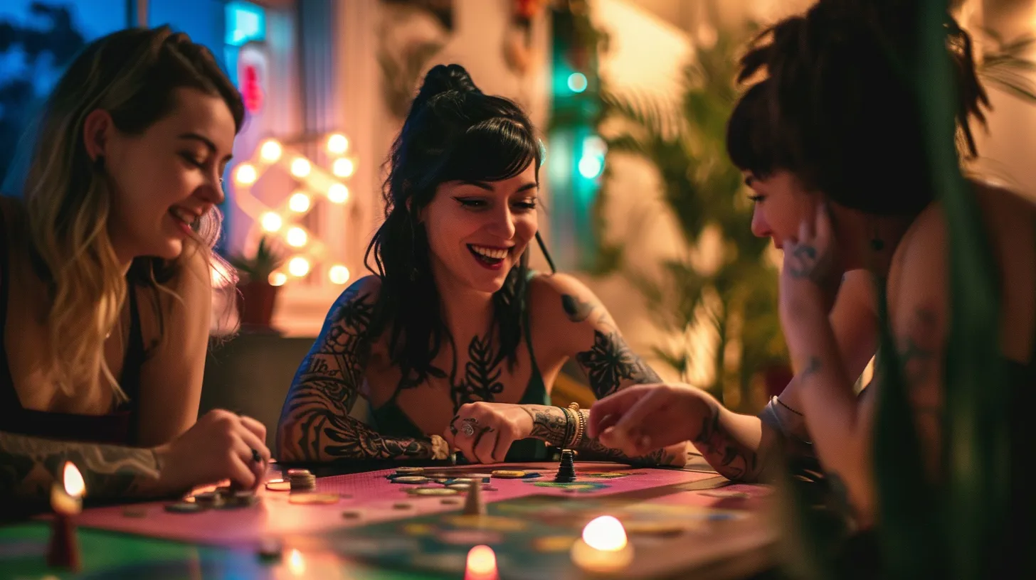A Virgo woman with tattoos is playing a board game with her friends and laughing.