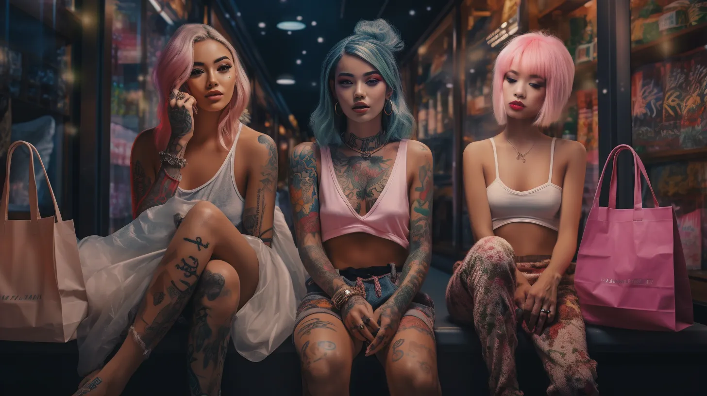 A Libra woman with tattoos is hanging out with her friends at the mall and shopping.