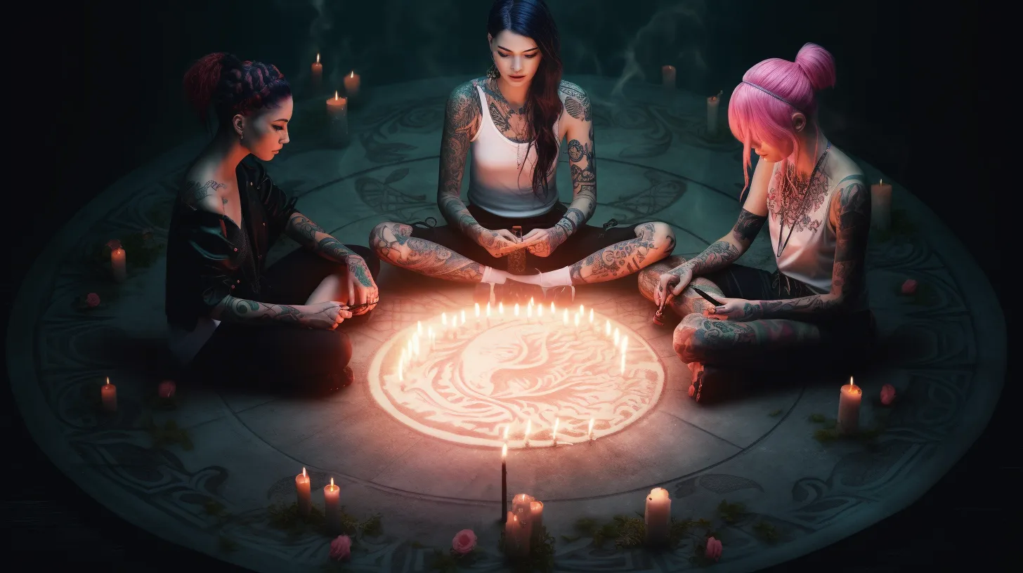 A Scorpio woman with tattoos is in a ritual summoning circle with her friends surrounded by candles.