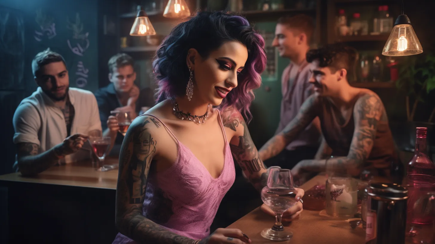 A Sagittarius woman with tattoos is at a party with her friends and enjoying a drink.