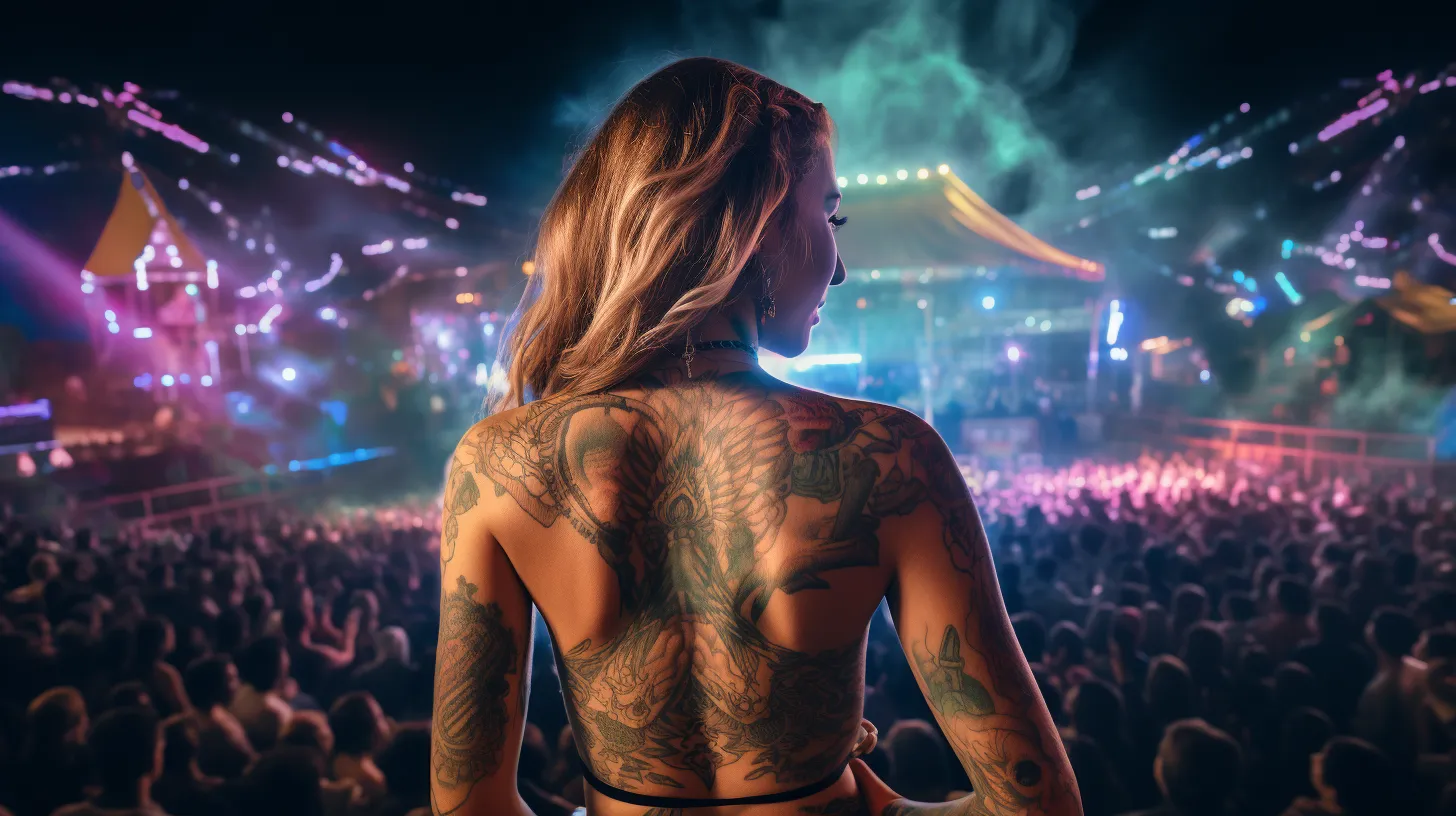 An Aquarius woman with tattoos is standing in front of a crowd of people at a festival looking for her friends.