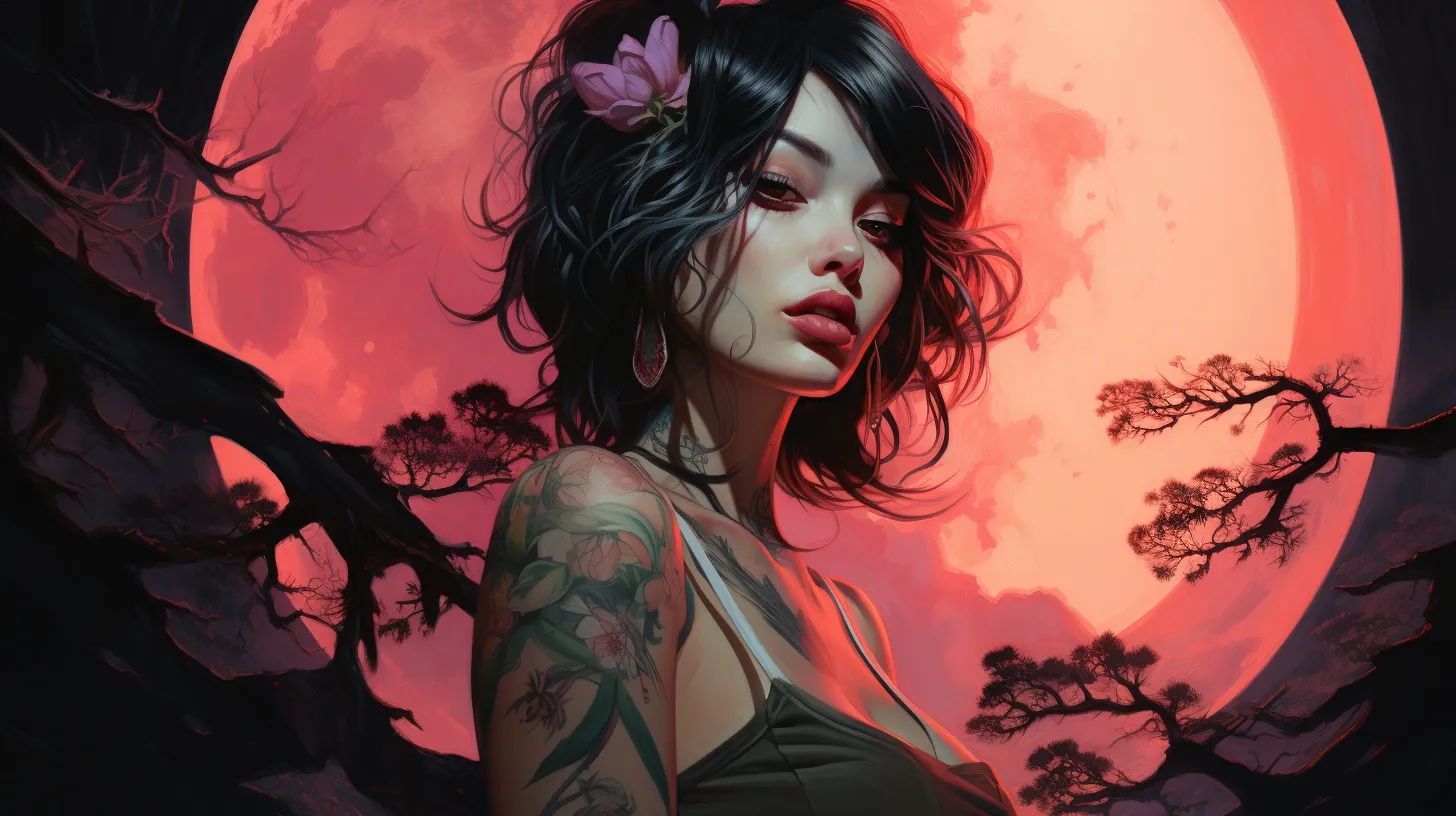 An Aries woman with tattoos is in front of the blood red Aries moon.