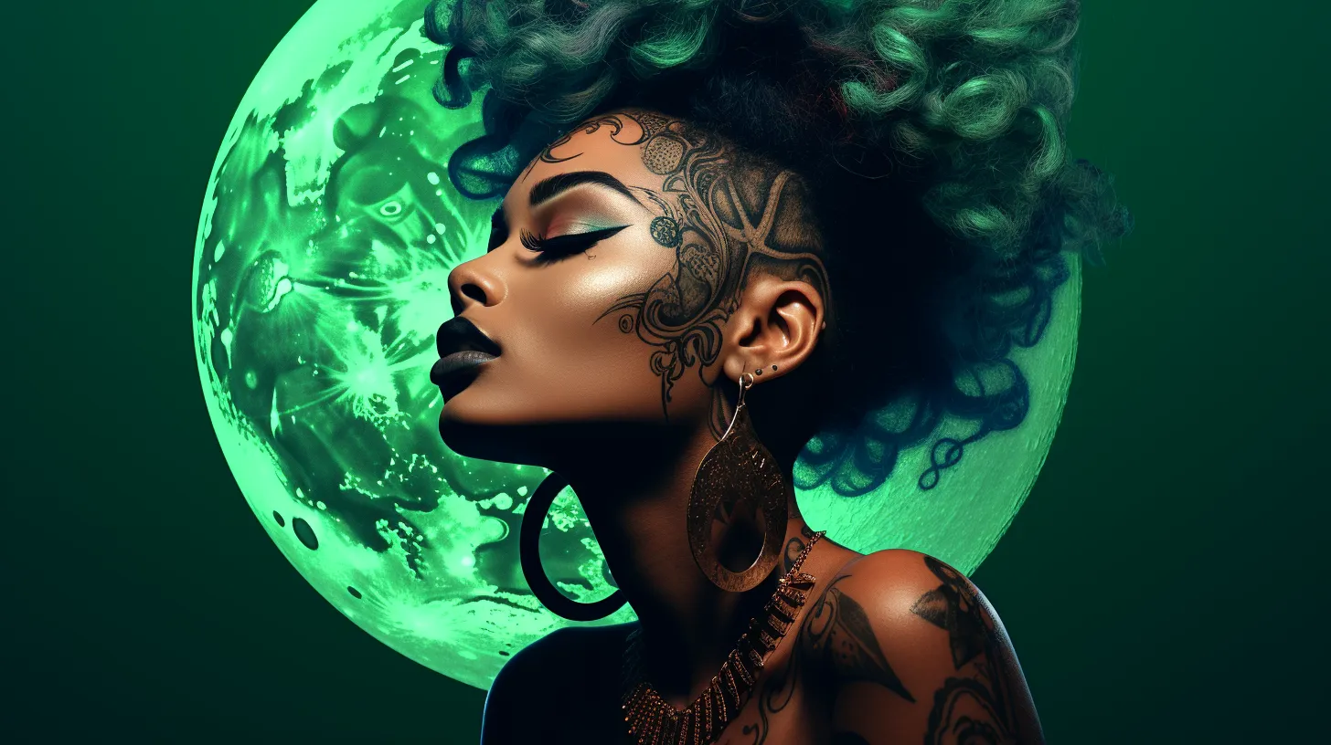 A Taurus woman with tattoos is looking serene in front of a green moon.