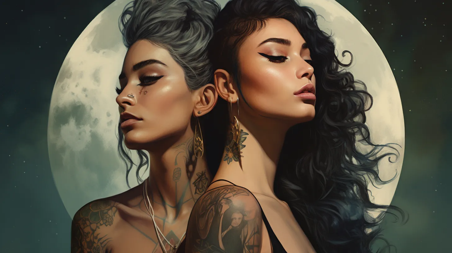 Two Gemini women with tattoos are standing in front of the moon.