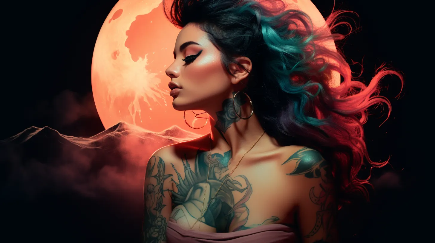 A Leo woman with tattoos is standing in front of the moon, it is massive and orange.