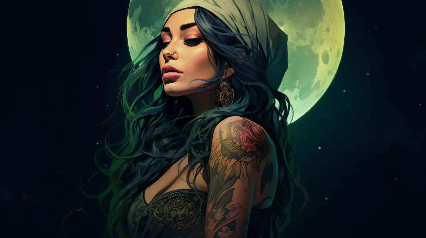A Virgo woman with tattoos is in front of the green moon.