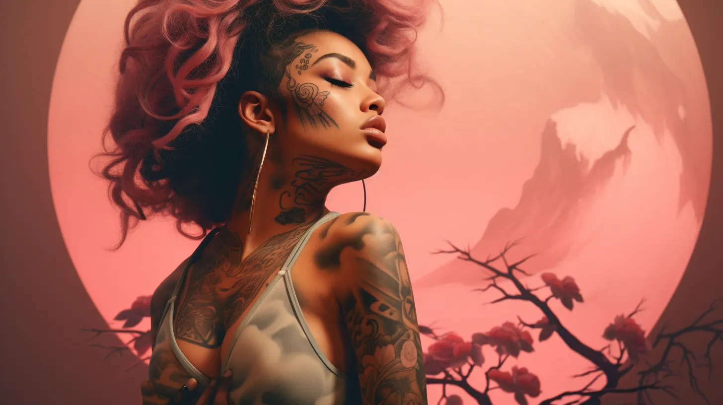 A Libra woman with tattoos is floating in front of the pink moon which is massive behind her.
