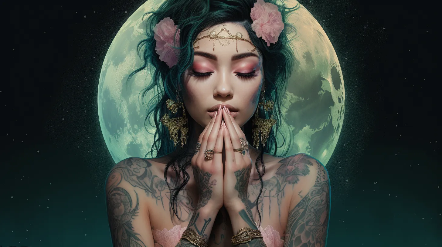 A Scorpio woman with tattoos is floating in front the moon and holding her hands to her mouth.