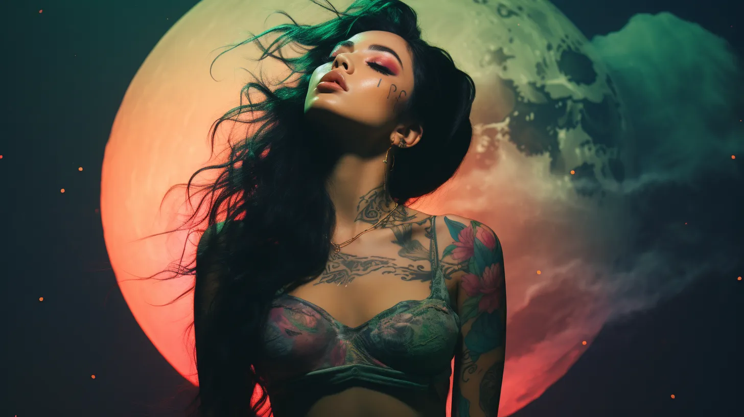 A Sagittarius woman with tattoos is floating in front of the blood red moon.