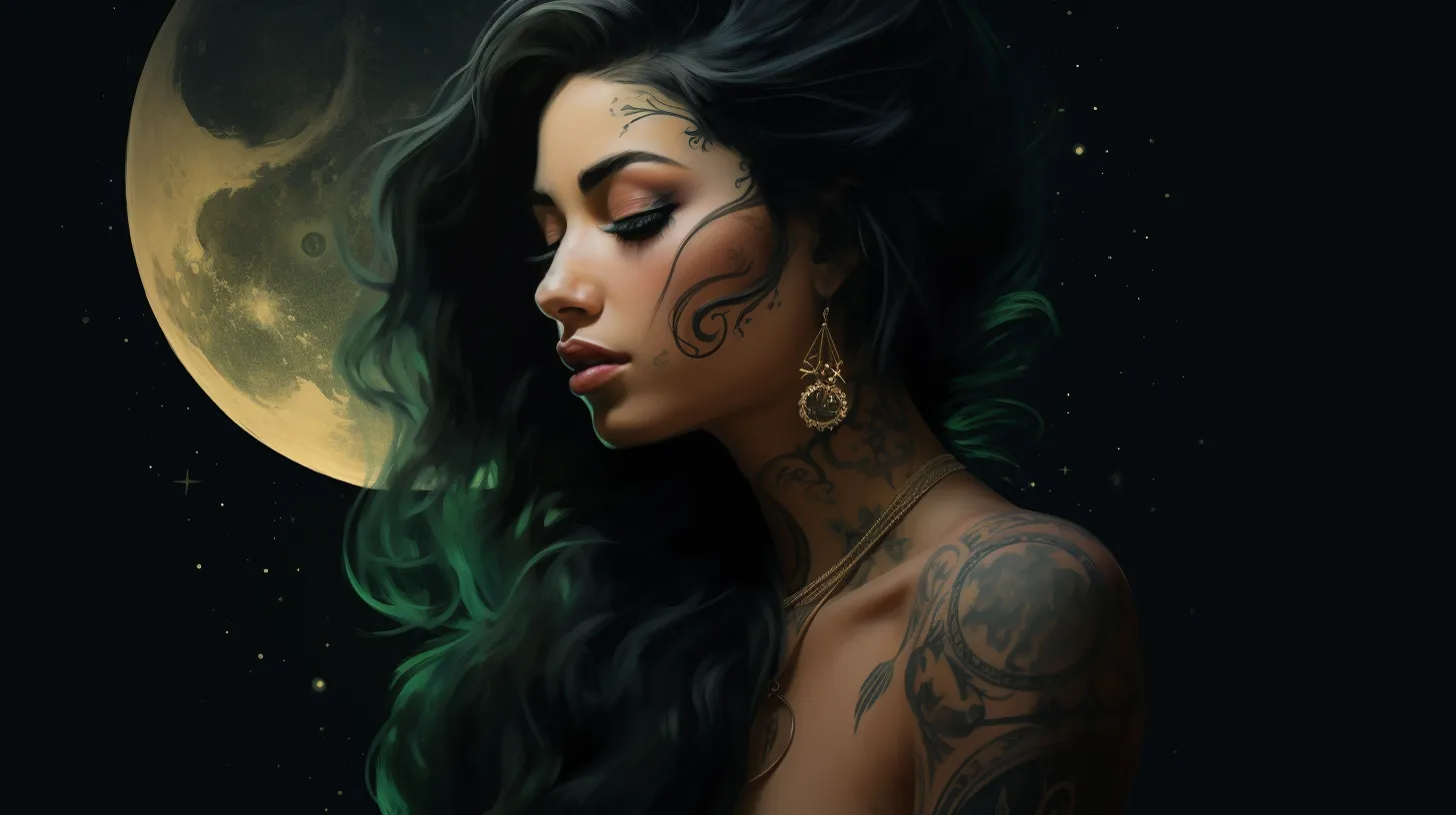 A Capricorn woman with tattoos is floating in front of the moon and it is glowing green.
