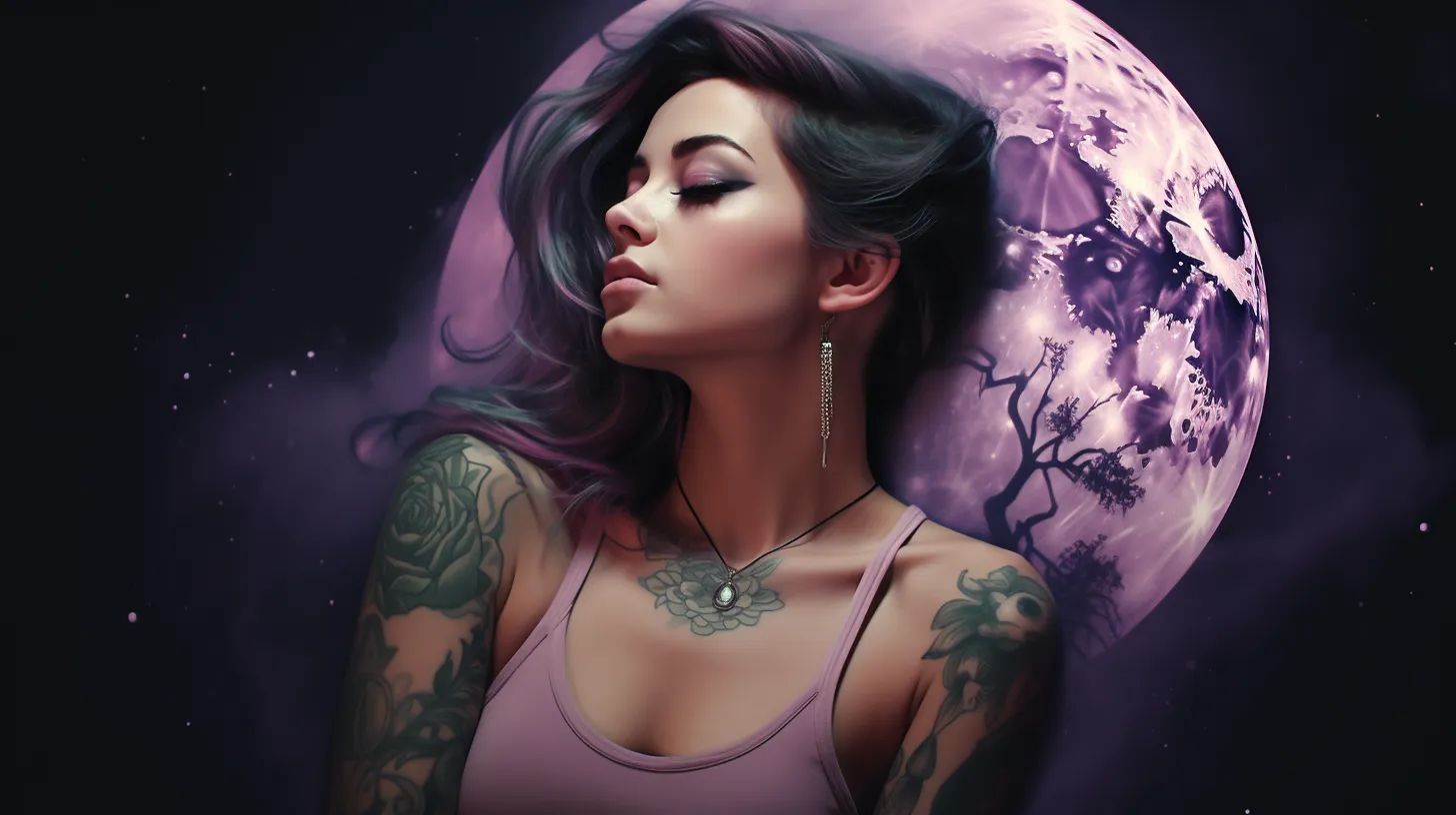 An Aquarius woman with tattoos is floating in front of the full purple moon.