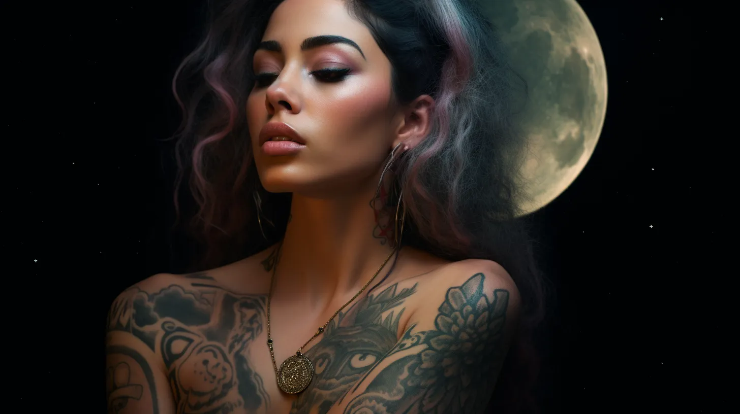 A Pisces woman with tattoos is floating in front of the moon.