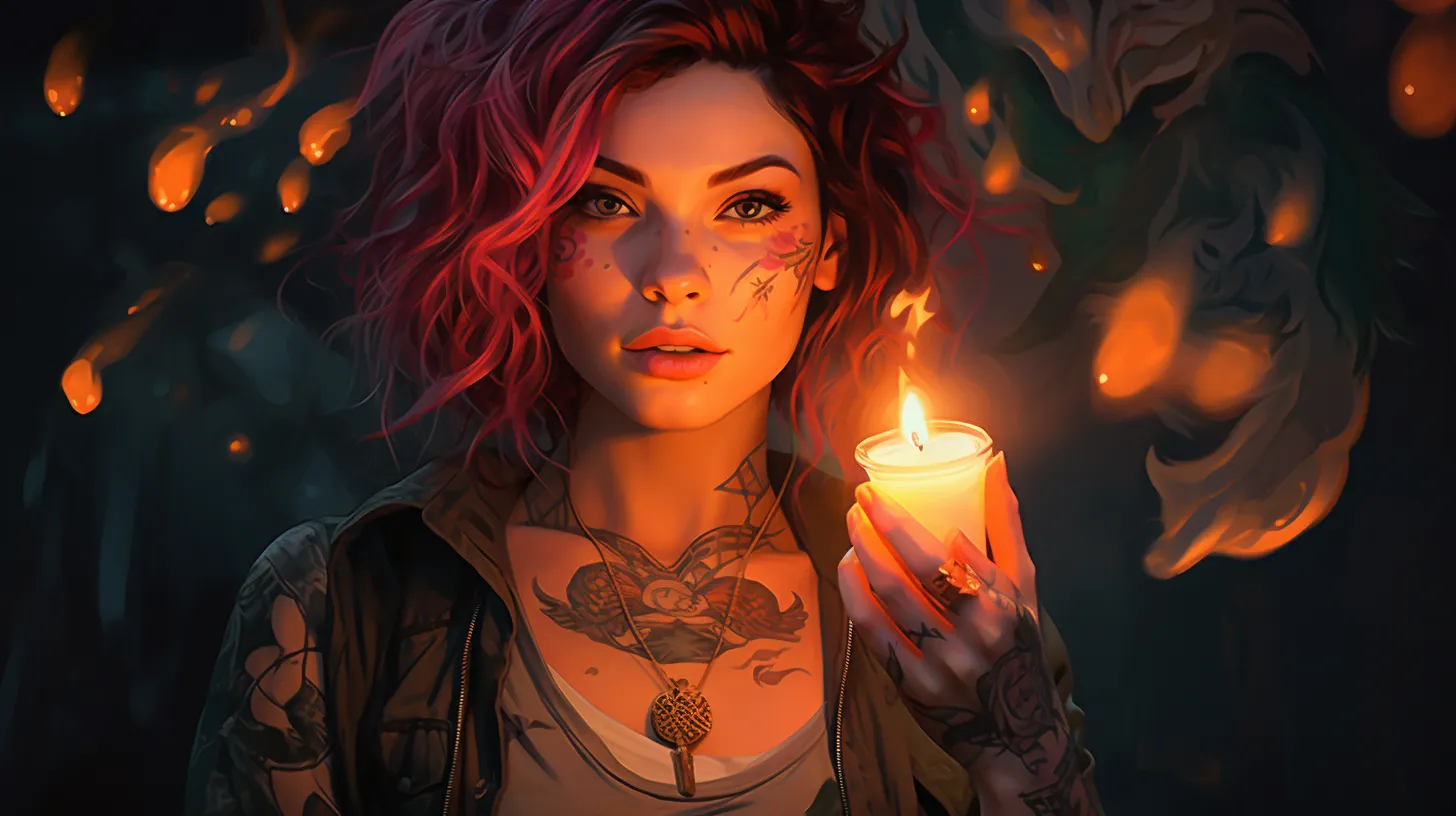 An Aries woman with tattoos is holding a candle and looking to explore the unknown.