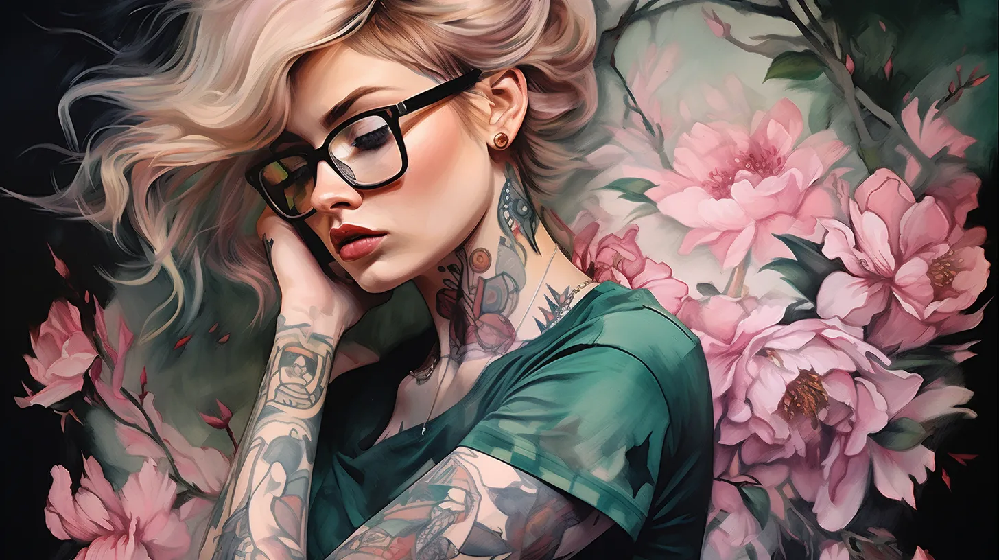A Taurus woman with tattoos is wearing glasses and holding her head in front of pink flowers.